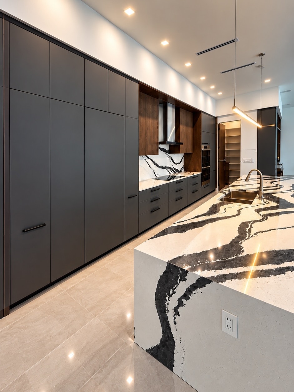 Dramatic Marble Island Kitchen