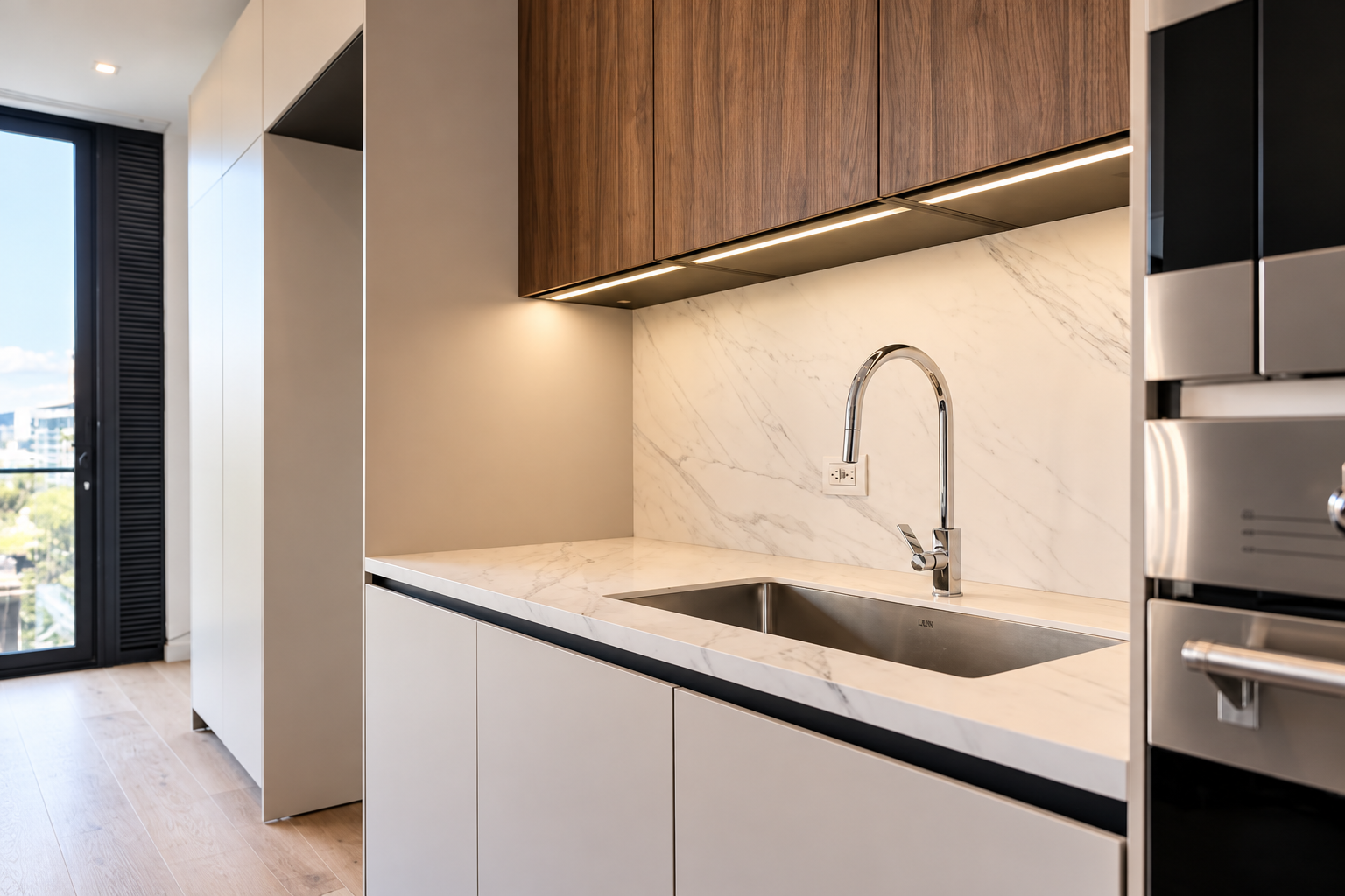 Custom kitchen with marble countertop and sink