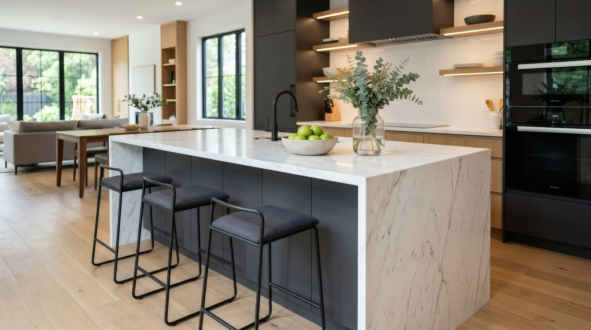 Custom kitchen with marble island seating